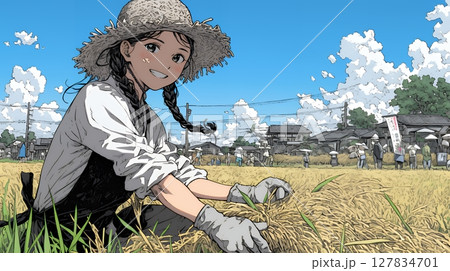 田んぼで農作業をしている女性