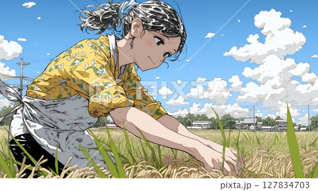 田んぼで農作業をしている女性