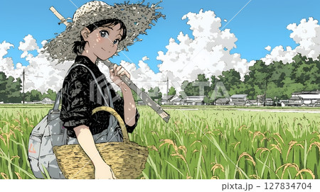田んぼで農作業をしている女性