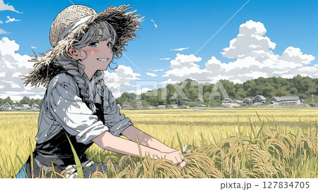 田んぼで農作業をしている女性