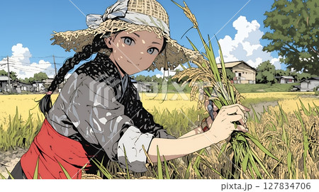 田んぼで農作業をしている女性