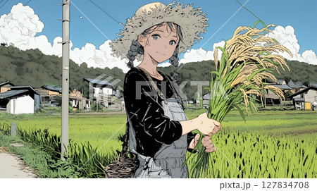 田んぼで農作業をしている女性