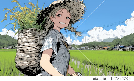 田んぼで農作業をしている女性