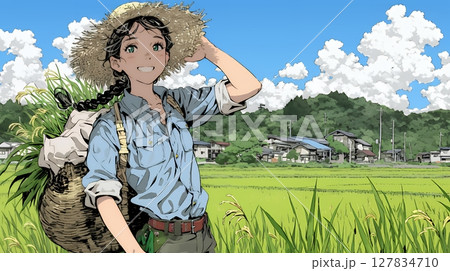 田んぼで農作業をしている女性