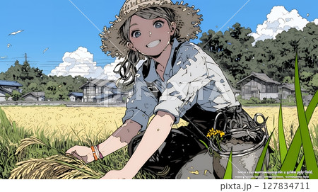 田んぼで農作業をしている女性