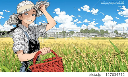 田んぼで農作業をしている女性