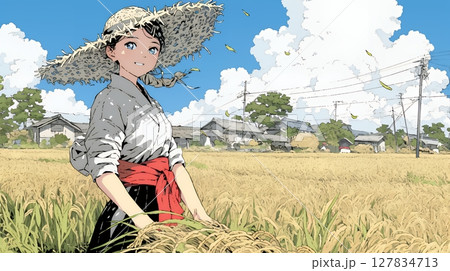 田んぼで農作業をしている女性