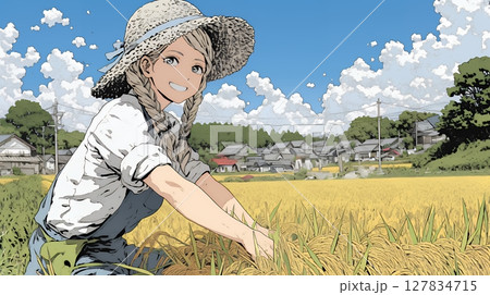 田んぼで農作業をしている女性