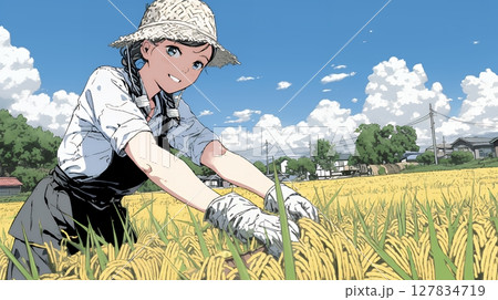 田んぼで農作業をしている女性