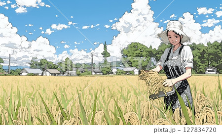 田んぼで農作業をしている女性