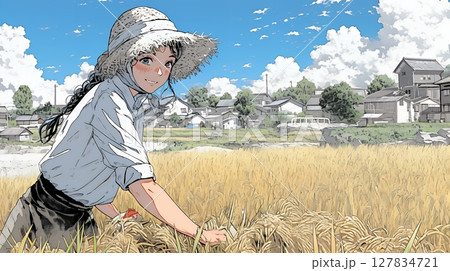 田んぼで農作業をしている女性