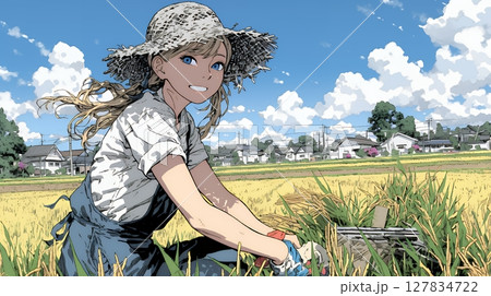 田んぼで農作業をしている女性