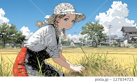 田んぼで農作業をしている女性