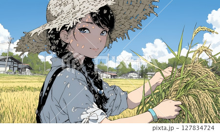 田んぼで農作業をしている女性