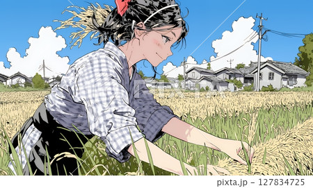 田んぼで農作業をしている女性