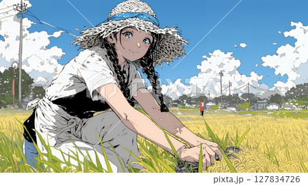 田んぼで農作業をしている女性