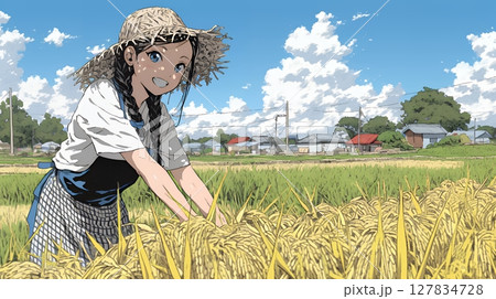 田んぼで農作業をしている女性