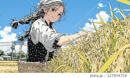 田んぼで農作業をしている女性