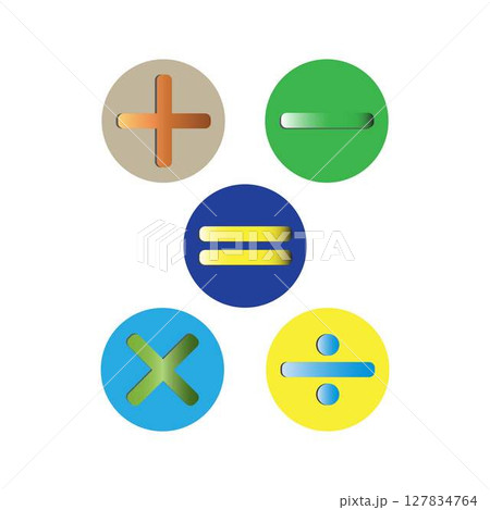 Math symbols Plus sign, subtraction, multiplication, and division equals, mathematical notation, Set of flat round check mark, X mark, plus sign and minus sign icons, buttons isolated 127834764