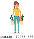 Young Woman Holding Potted Plants in Eco Bags, Flat Vector Illustration 127834886