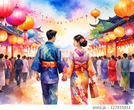 夏祭りで観光するカップル 127835031