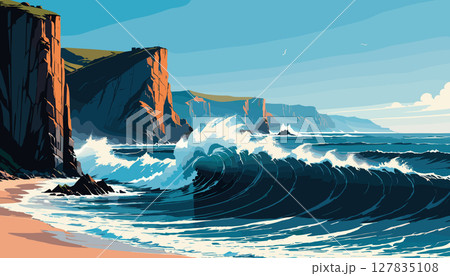 Powerful ocean waves crashing against coastal cliffs 127835108