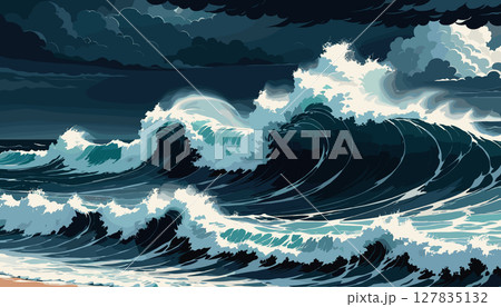 Dark stormy ocean waves crashing under dramatic clouds Dark stormy ocean waves crashing under dramatic clouds 127835132