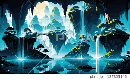 Mystical waterfall landscape with glowing temples and caves 127835146