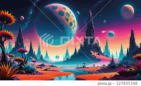 Vibrant alien landscape with multiple glowing planets 127835148