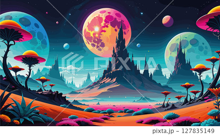 Vibrant alien landscape with multiple glowing planets 127835149