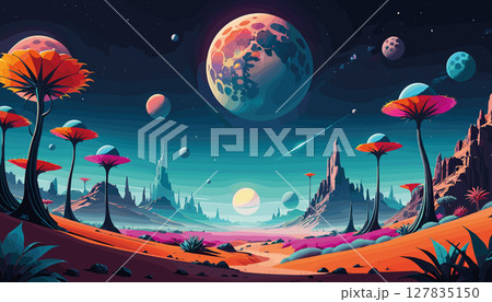 Vibrant alien landscape with multiple glowing planets 127835150