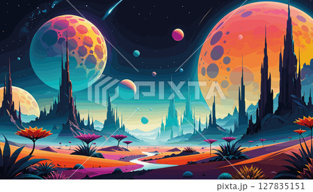 Vibrant alien landscape with multiple glowing planets 127835151