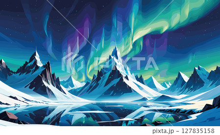 Northern lights over snowy mountain landscape 127835158