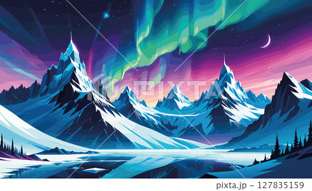 Northern lights over snowy mountain landscape 127835159