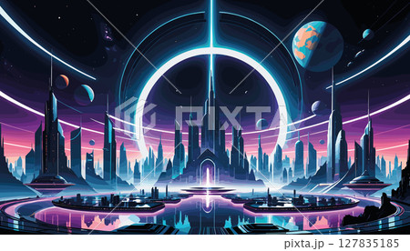 Futuristic sci-fi cityscape with glowing neon lights and planets 127835185