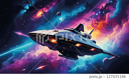 Futuristic spaceship flying through a colorful galaxy 127835186
