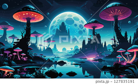 Alien planet with glowing mushrooms and futuristic landscape 127835191