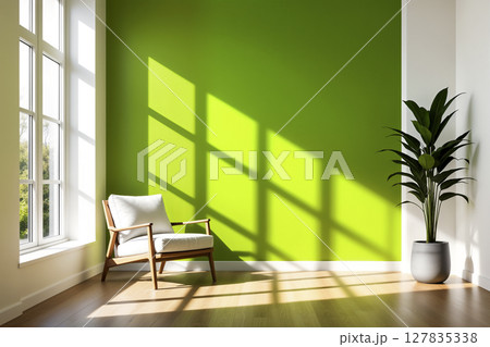 Modern living room with green accent wall and armchair. Minimalist interior. AI generated 127835338