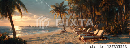 Tropical Paradise Sunset Serene Beach with Palm Trees and Lounge Chairs at Golden Hour, Inviting Relaxation and Idyllic Vacation Escapes 127835358