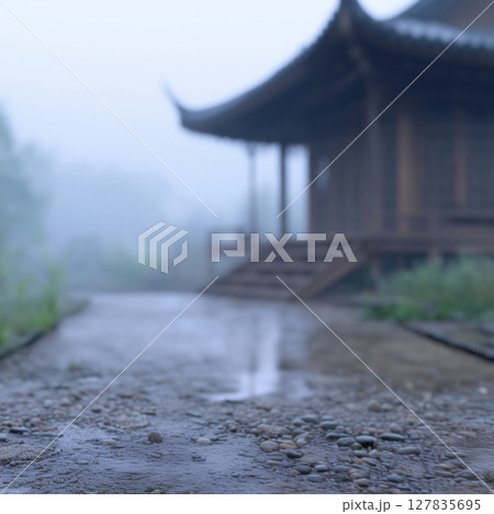 Landscape of foggy chinese garden in the morning, blurred background 127835695