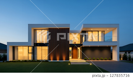 モダンデザインの高級住宅 夜景と温かい光 127835716