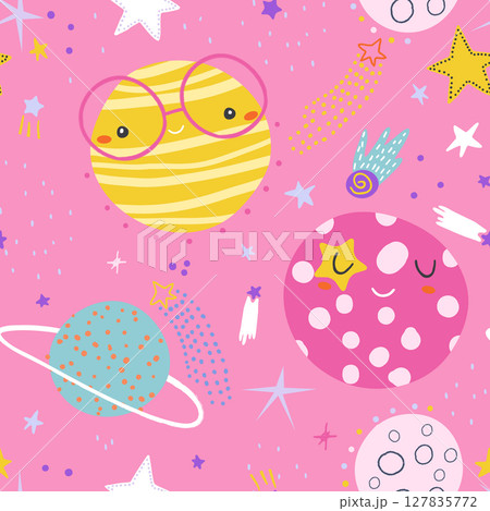 Seamless pink childish pattern with funny planet characters. Trendy cartoon space texture for fabric, apparel, textile, wallpaper. Vector illustration 127835772