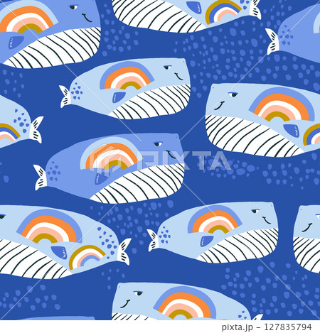 Childish seamless pattern with rainbow whales. Marine cartoon creatures background for fabric, textile, digital papers. Vector illustration 127835794