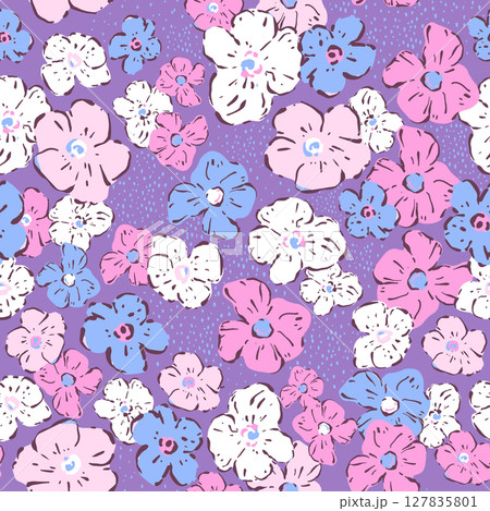 Seamless hand drawn floral pattern, small flowers texture. Vector botanical texture illustration 127835801