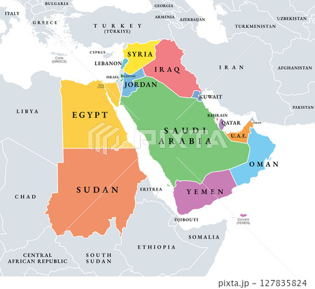 Mashriq, multi colored political map. Also called Arab Mashriq, the Arabic equivalent for the Middle East, and the eastern part of the Arab World, opposed to Maghreb which is the western region. 127835824