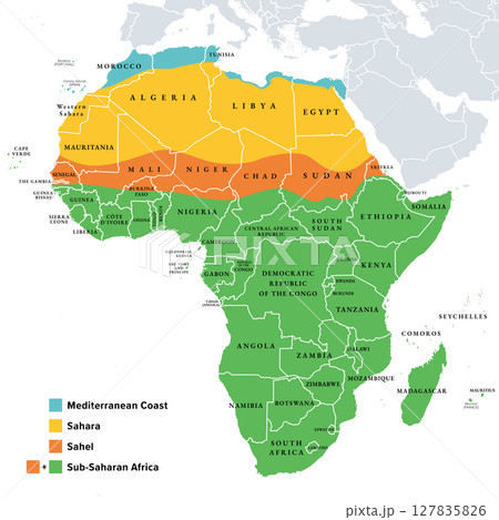 Sahara, Sahel, and Sub-Saharan Africa, colored political map. Sahara, largest hot desert in the world, and most of North Africa. South of it the Sahelian acacia savanna, part of Sub-Saharan Africa. 127835826