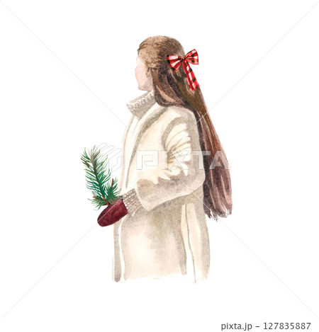 Watercolor hand drawn composition of girl's back with long hair. Aesthetic winter composition Watercolor hand drawn composition of girl's back with long hair. Aesthetic winter composition 127835887