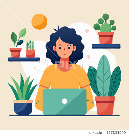 A woman at desk surrounded by succulents image. Cartoon style. Tech vector illustration. 127835900