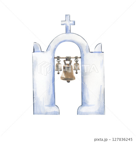 Greek belfry, hand-drawn. Watercolor illustration isolated on a white background. The bell tower on the island of Santorini, Greece. An architectural landmark in the city of Oya. Clipart. Greek belfry, hand-drawn. Watercolor illustration isolated on a white background. The bell tower on the island of Santorini, Greece. An architectural landmark in the city of Oya. Clipart. 127836245