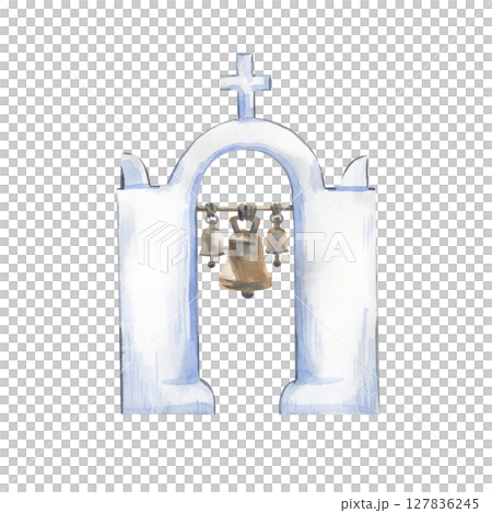 Greek belfry, hand-drawn. Watercolor illustration isolated on a white background. The bell tower on the island of Santorini, Greece. An architectural landmark in the city of Oya. Clipart. Greek belfry, hand-drawn. Watercolor illustration isolated on a white background. The bell tower on the island of Santorini, Greece. An architectural landmark in the city of Oya. Clipart. 127836245